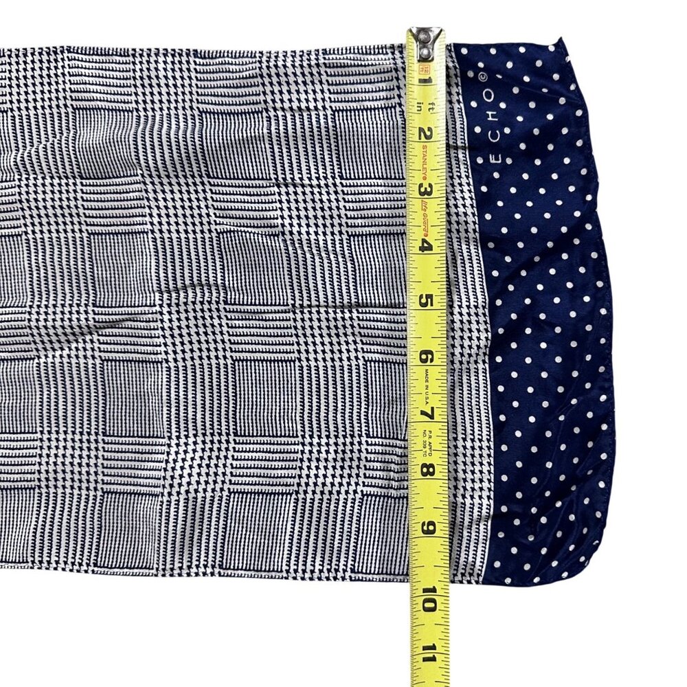 Vintage Long Scarf Echo Navy Blue White Houndstooth Plaid Polka Dot Retro - Picture 6 of 6